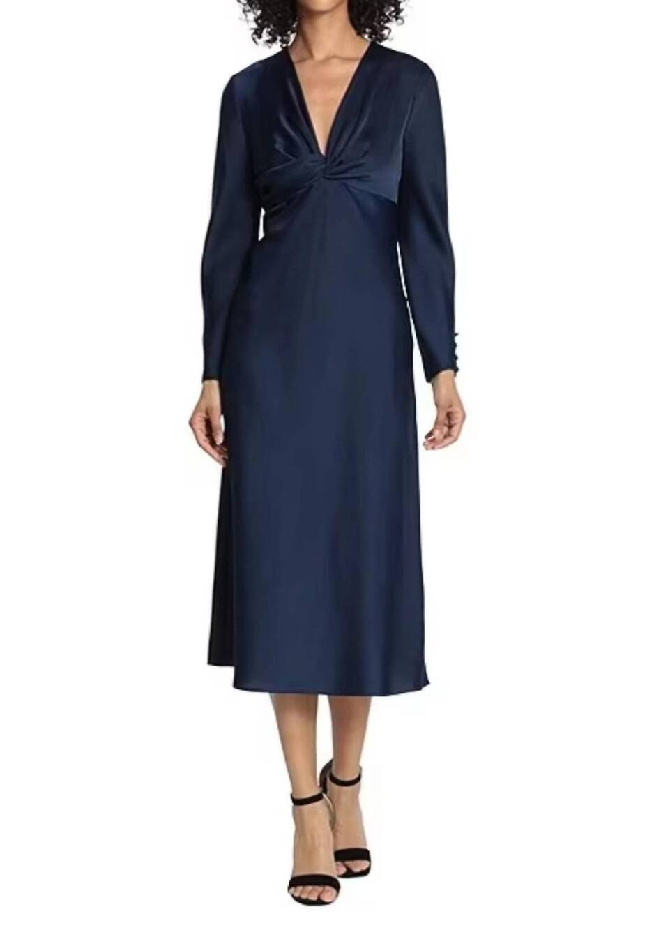 NEW MAGGY LONDON long sleeve twisted knot midi dress in twilight navy